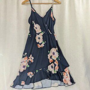 Navy floral, ruffle tank midi summer dress womens size large   D10